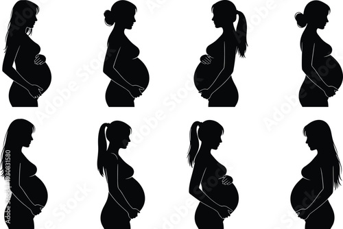 Pregnant woman silhouettes collection, maternity profile poses, black vector illustration of pregnancy stages, motherhood, prenatal health concept