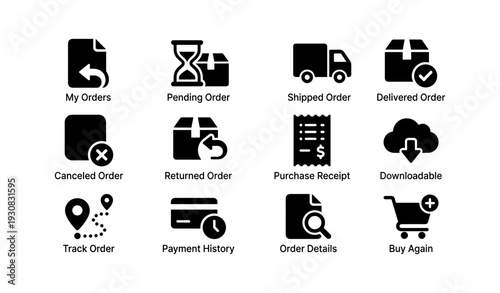 Order management icons including shipments, payments, and returns