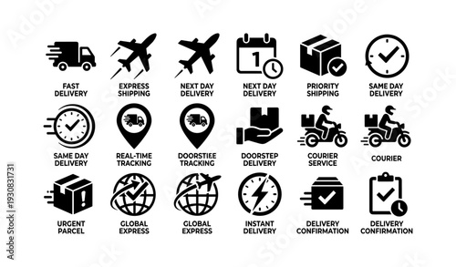 Comprehensive delivery icons set featuring fast, express, and priority shipping with tracking options