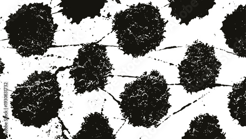 black and white silhouette pattern of dandelion seed heads with stems on white background