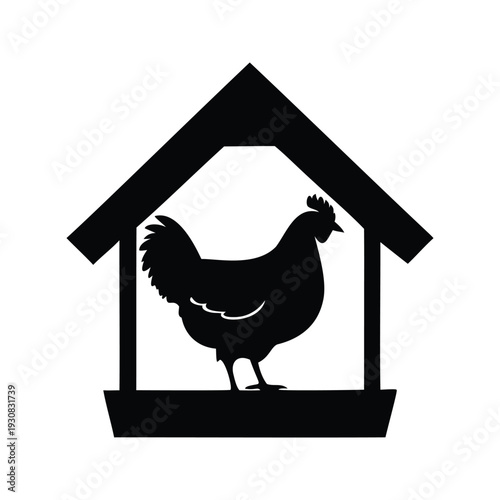 Silhouette of a chicken standing inside a house vector illustration, chicken in coop silhouette vector illustration