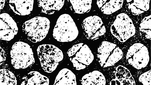 Abstract black and white pattern with irregular pebble shapes and textured grain effect