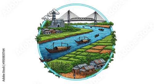 River landscape features traditional wooden boats navigating through lush green fields and a distant suspension bridge.