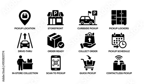 Icons for pickup services: location, storefront, curbside, lockers, drive-thru options