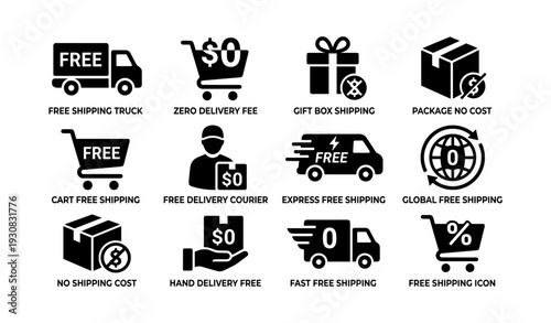 Free shipping icons: delivery truck, cart, package, global courier symbols