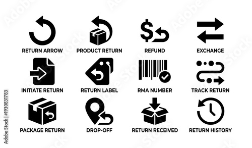 Return and refund process icons: arrows, boxes, labels, and tracking symbols