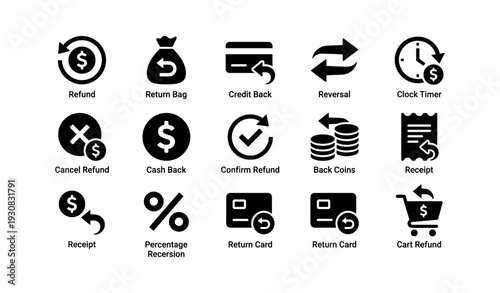 Refund and return icons set: symbols for financial transactions and shopping
