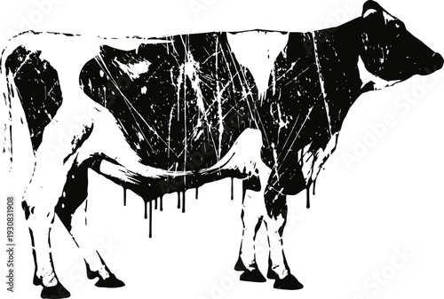 Abstract black and white cow silhouette with dripping paint effect on white background