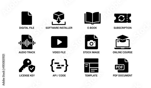 Digital assets collection: software, e-book, subscription icons for online use