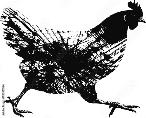 Silhouette of a walking chicken with textured paint splatter design in black and white