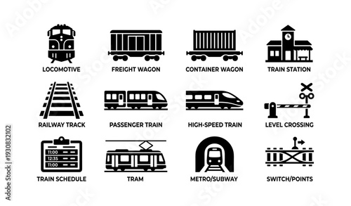 Icons of train transportation: locomotive, freight, passenger, tram, station