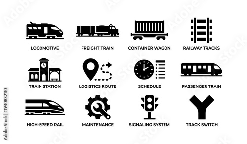 Train and railway icons set: locomotive, freight, passenger, high-speed, infrastructure