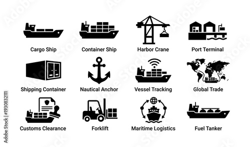 Maritime logistics and trade icons: cargo, containers, and global shipping symbols