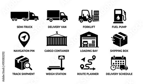 Logistics icons set: semi-truck, delivery van, forklift, fuel pump, cargo container