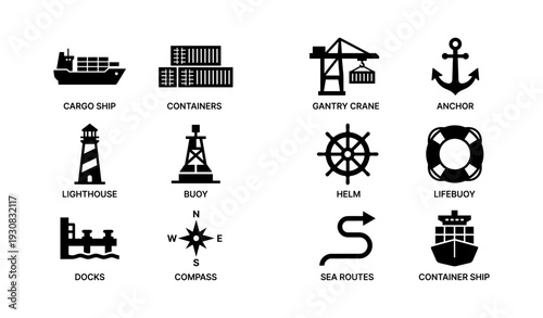 Maritime symbols: cargo ship, containers, gantry crane, anchor, lighthouse, buoy, helm, lifebuoy