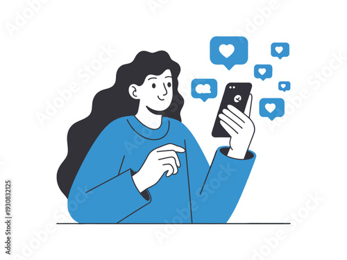 Woman using smartphone with social media likes and comments floating around her