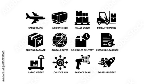 Logistics icons: cargo plane, forklift, shipping, delivery, global routes