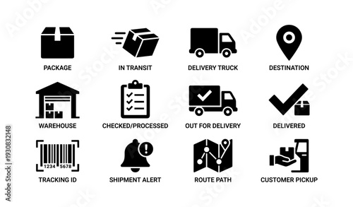 Delivery process icons: package, warehouse, truck, tracking, delivery path
