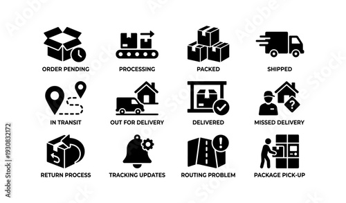 Shipping process icons: order workflow, delivery stages, logistics symbols