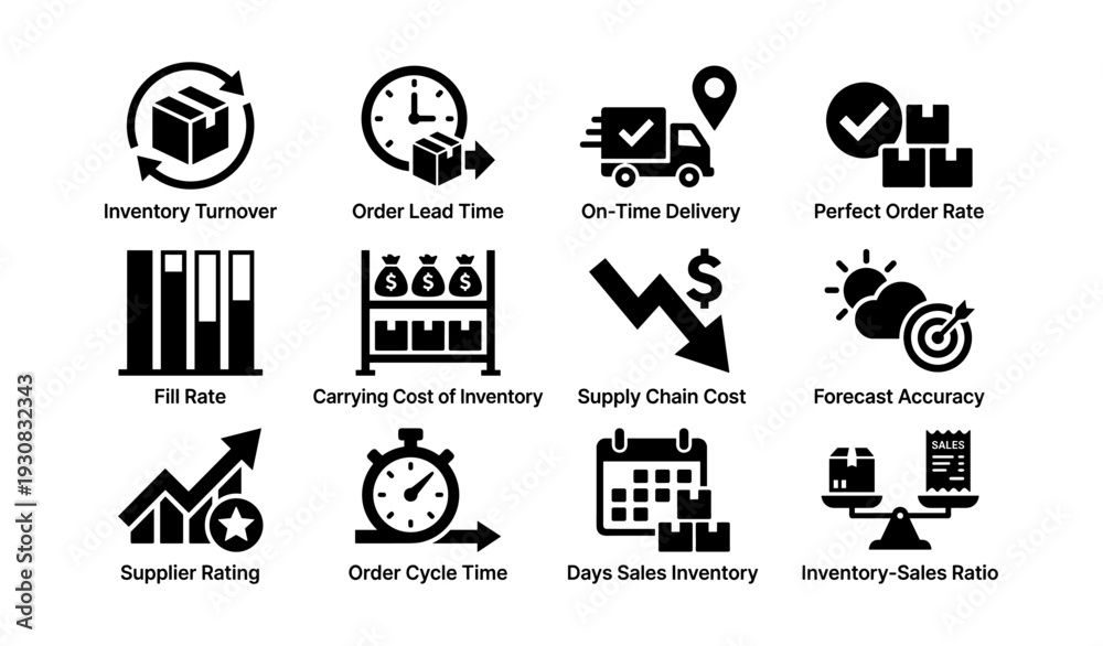 Fototapeta premium Inventory management icons: efficiency, delivery, accuracy, inventory, sales metrics