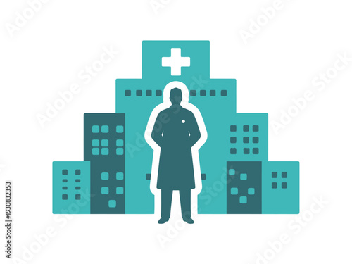 Medical Professional Standing in Front of Hospital Building with Cross Symbol