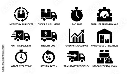 Supply chain metrics icons: efficiency, cost, performance, delivery, utilization