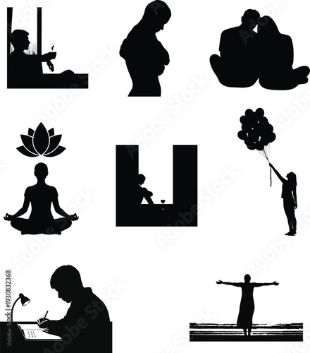 Silhouette of people in various yoga and meditation poses