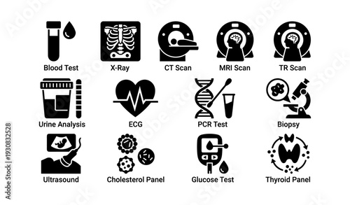 Medical testing icons: blood test, x-ray, ct scan, mri, tr scan, urine analysis, ecg, pcr, biopsy