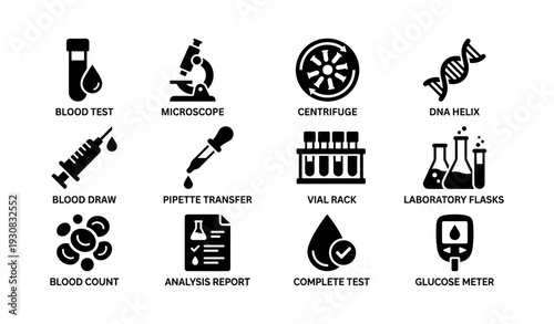 Laboratory icons: blood test, microscope, centrifuge, dna helix, vial rack, glucose meter