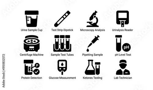 Medical equipment icons for laboratory testing and analysis