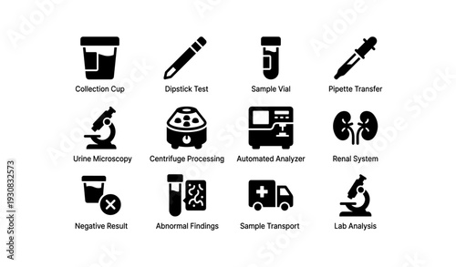 Medical testing icons: collection cup, microscope, vial, analyzer, renal