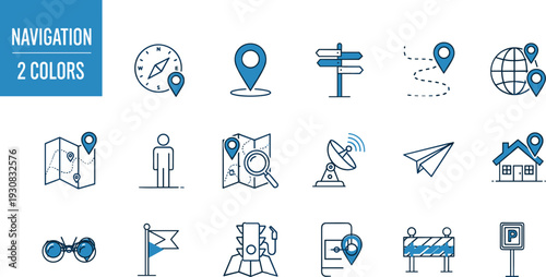 Modern navigation and location outline icon set with map pins compass route direction GPS travel transportation vector collection for web