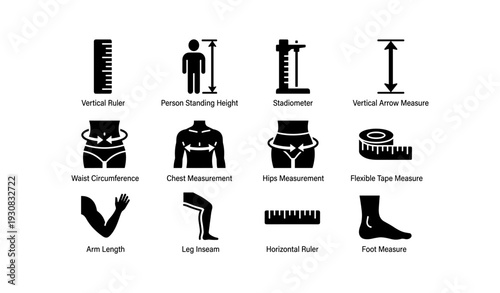 Measurement tools and body metrics icons for sizing and fitness assessments