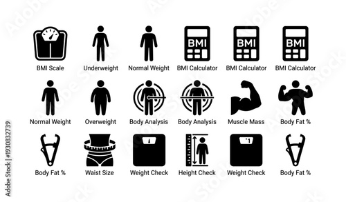 Bmi and body analysis icons: weight, health, fitness metrics for health monitoring