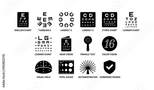 Eye test chart icons: snellen, tumbling e, landolt c, color vision