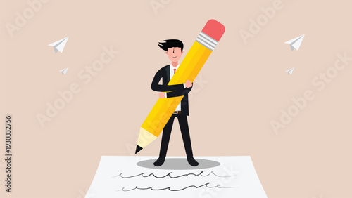 Businessman holding giant pencil concept vector illustration. Creative business planning and copywriting strategy.