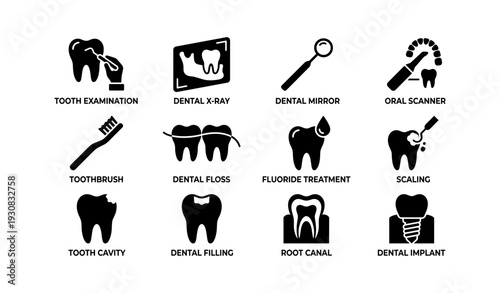 Dental tools and procedures: tooth examination, x-ray, dental mirror, oral scanner