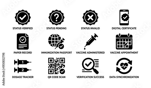 Vaccine digital certificate icons: status verification qr code appointment