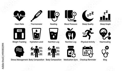 Health monitoring icons for heart rate, sleep quality, nutrition, and fitness