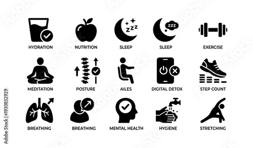 Icons representing health and wellness activities including sleep, exercise, and nutrition