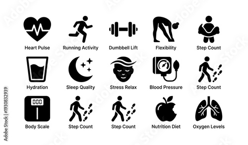 Health and fitness icons: exercise, wellness, hydration, nutrition, relaxation concepts