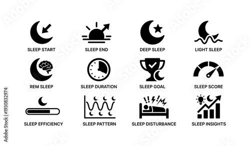 Sleep stages and metrics icons: deep, light, rem, duration, patterns