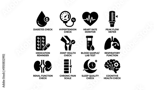 Medical health checkup icons illustrating various diagnostic tools and tests