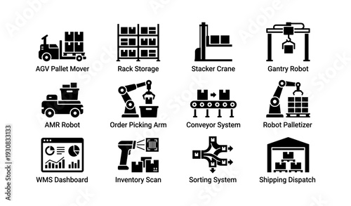 Warehouse automation systems icons: robots, storage, and conveyor technology