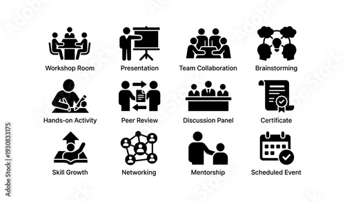Business icons: presentation, collaboration, mentorship, networking, certification