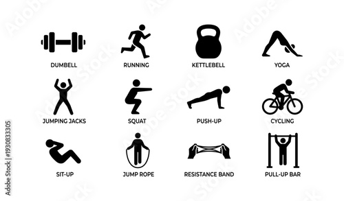 Fitness icons: dumbbell, running, kettlebell, yoga, cycling, exercise, workout symbols