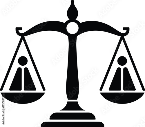 Black silhouette of a justice scale with two figures representing balance and legal fairness, symbolizing law and judgment