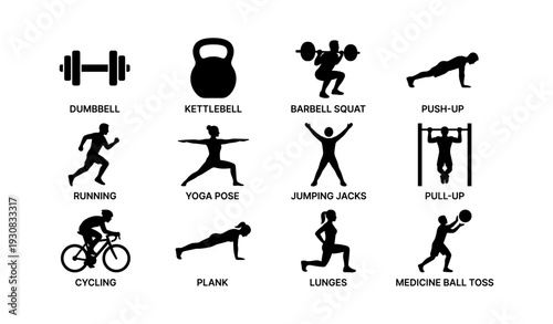Silhouette icons of diverse fitness exercises and training equipment