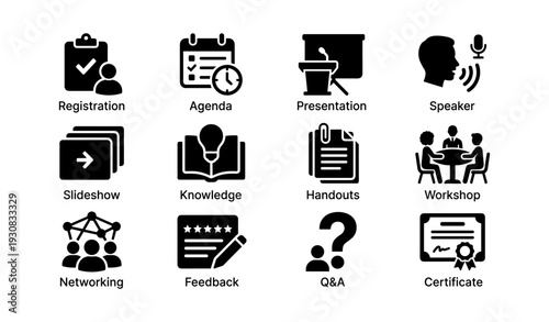 Conference icon set with agenda, presentation, speaker, and workshop elements