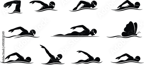 Swimming silhouettes collection, freestyle stroke motion sequence, black vector illustration of competitive swim technique, water sport, and fitness